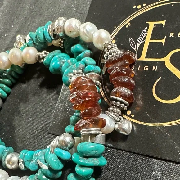 Turquoise and. freshwater pearl Baltic, Amber and Sterling silver bracelet